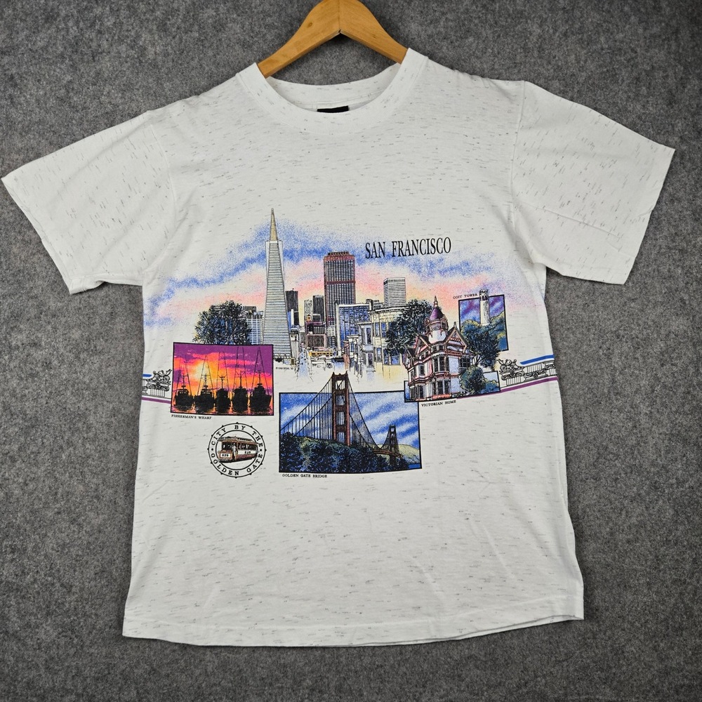 Vintage San Francisco T Shirt Mens Medium White AOP Single Stitch Landmark 90s